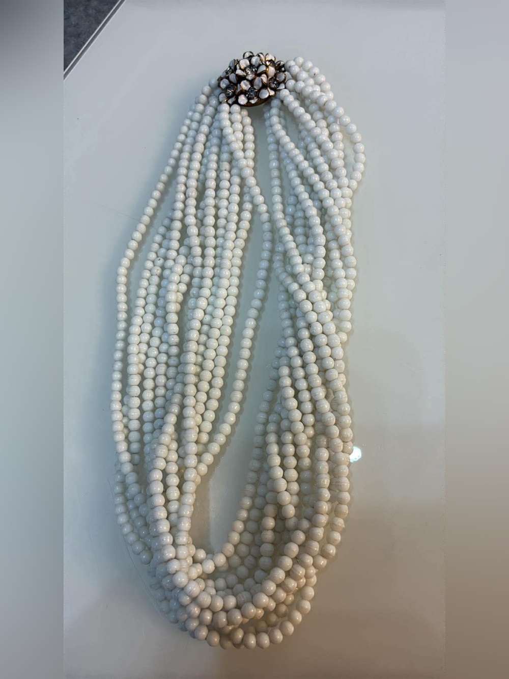 Vintage Sandor White Milk Glass Beaded Necklace, Floral Clasp